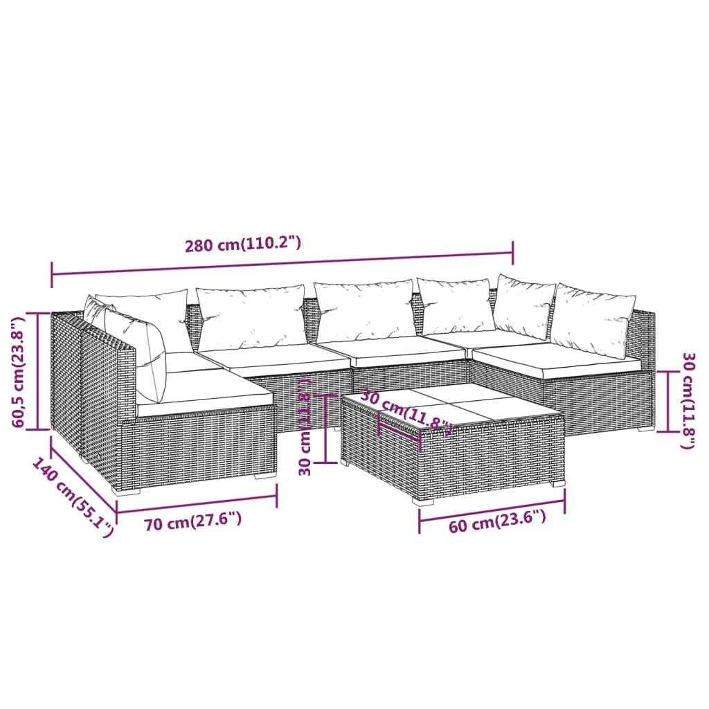 7 Piece Patio Lounge Set with Cushions Poly Rattan Brown