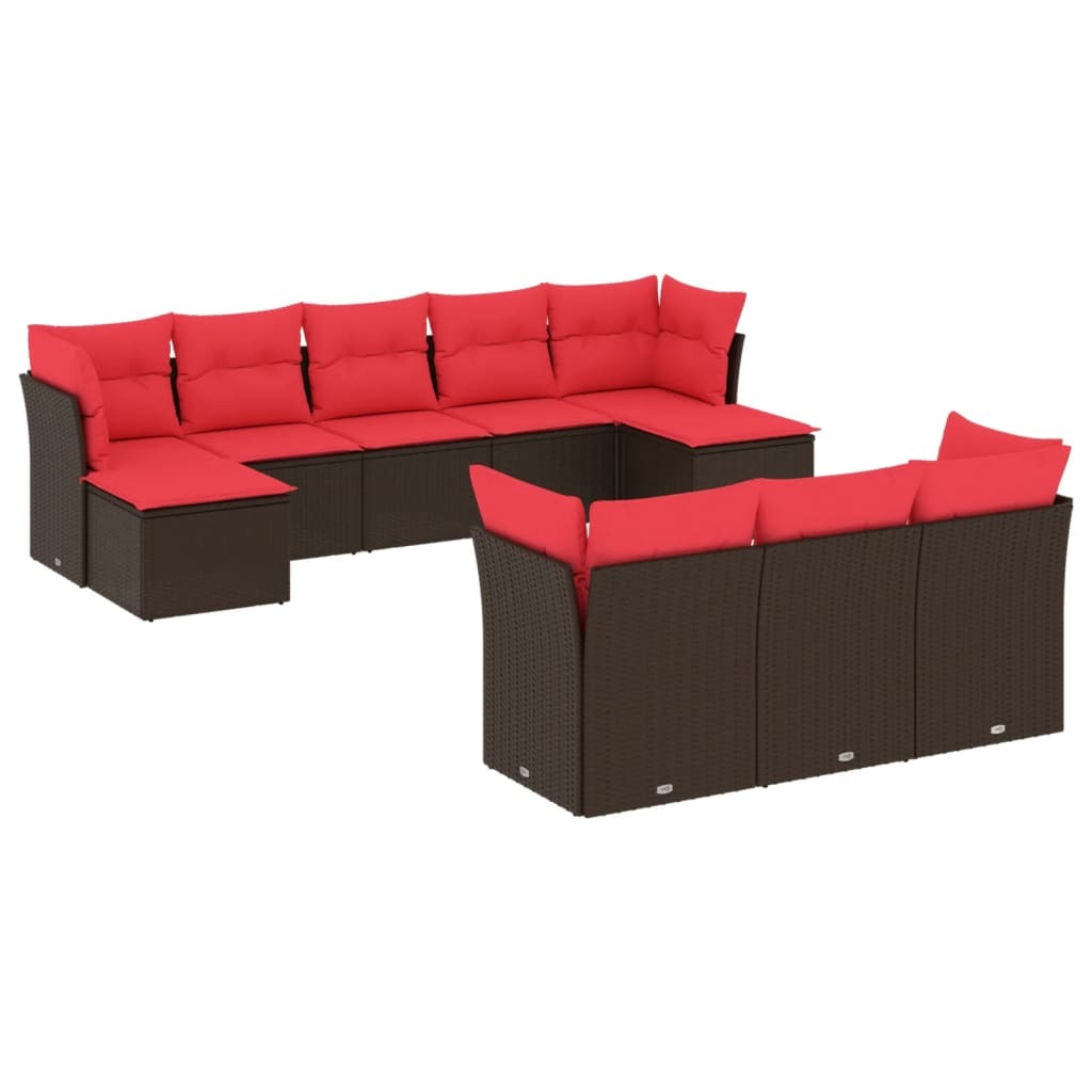 10 Piece Garden Sofa Set with Cushions Brown Poly Rattan