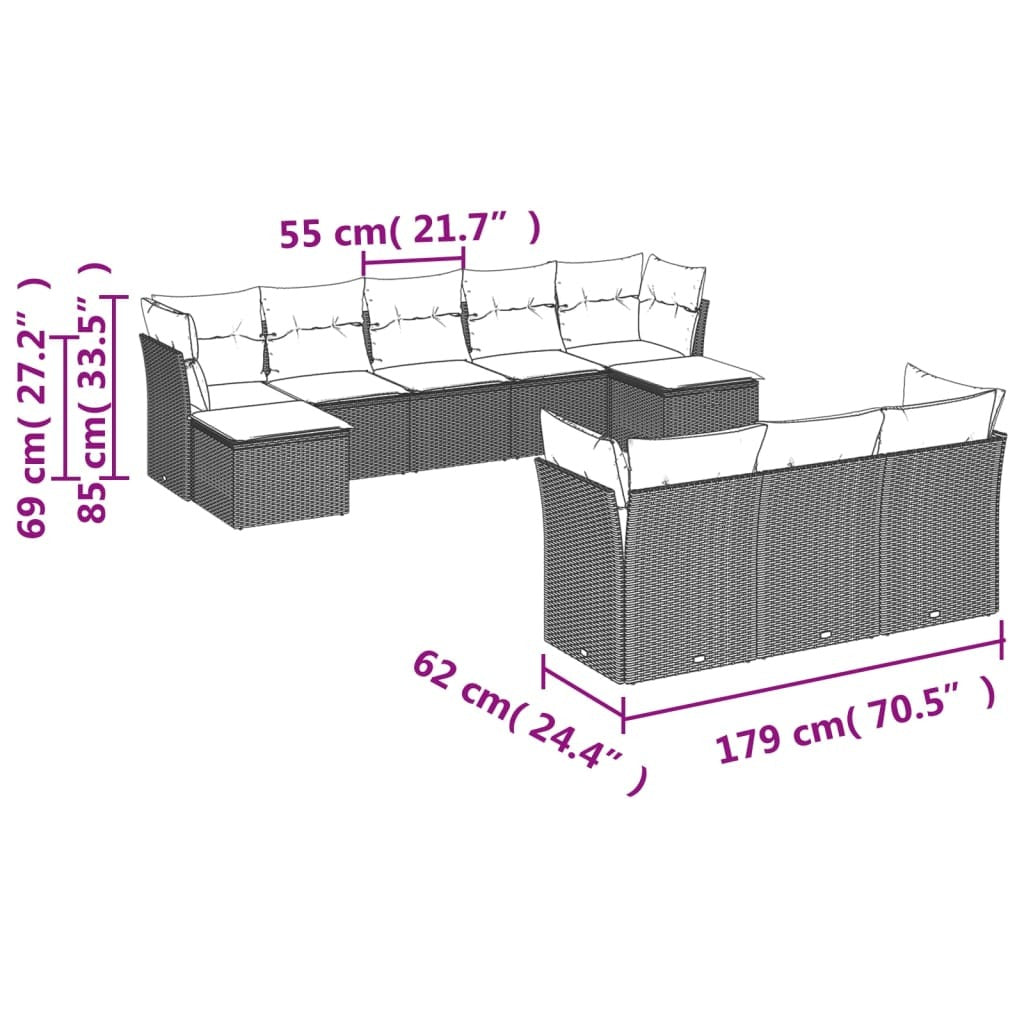 10 Piece Garden Sofa Set with Cushions Brown Poly Rattan