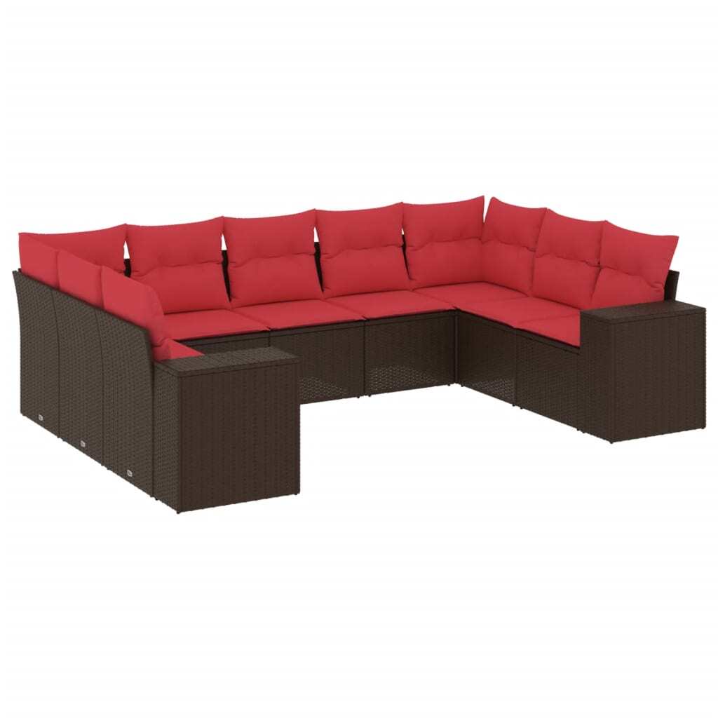 9 Piece Garden Sofa Set with Cushions Brown Poly Rattan