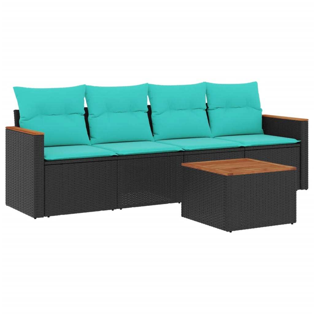 5 Piece Garden Sofa Set with Cushions Black Poly Rattan