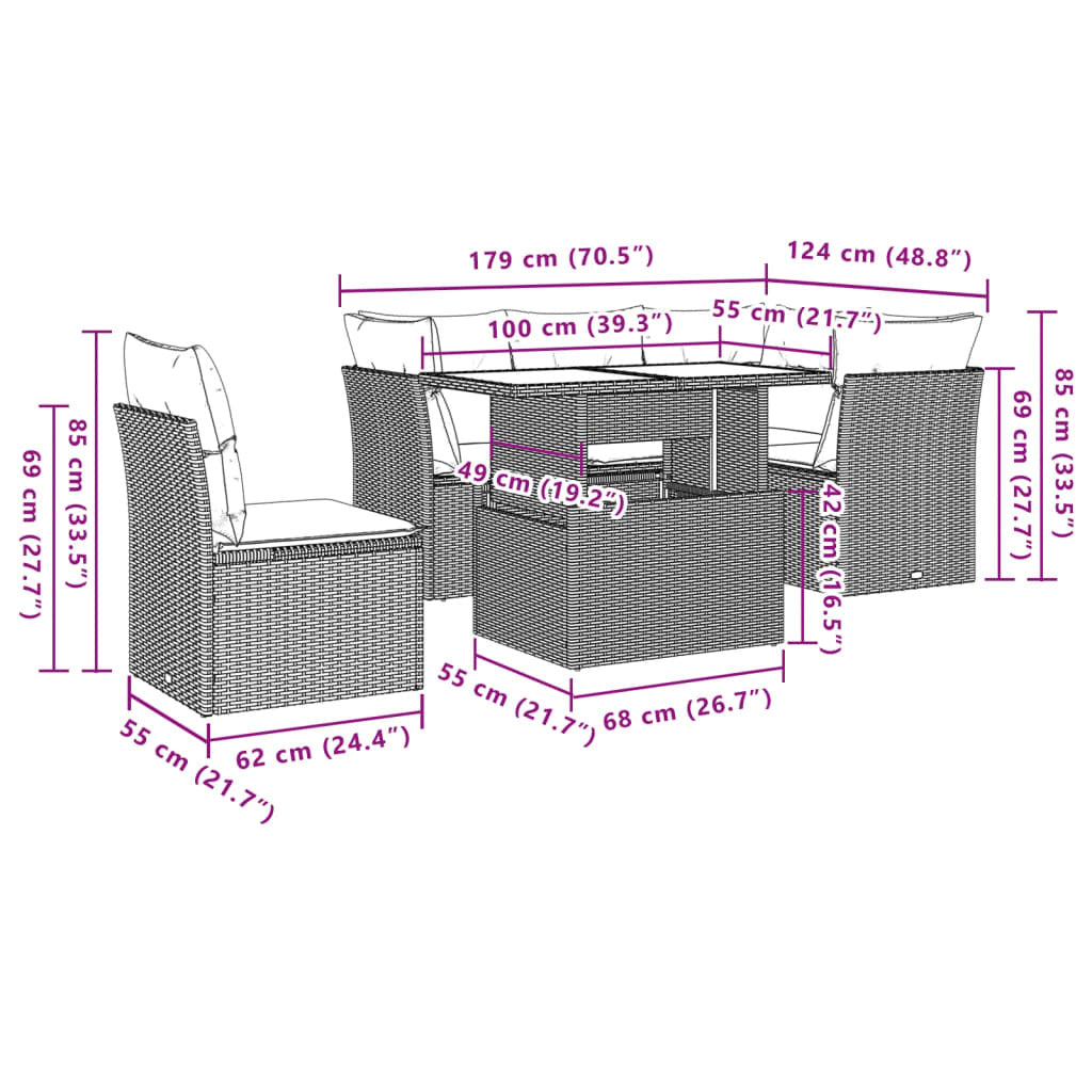6 Piece Garden Sofa Set with Cushions Brown Poly Rattan