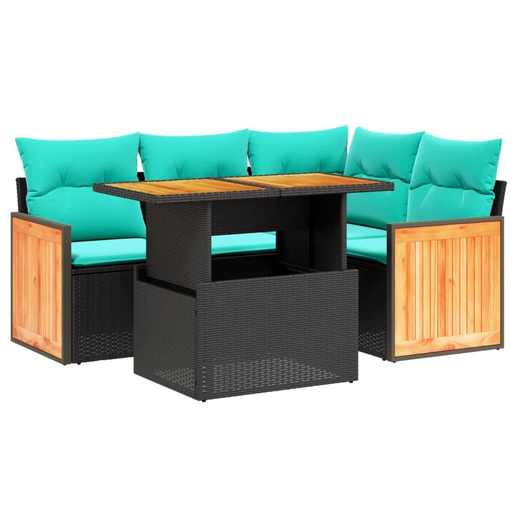 5 Piece Patio Sofa Set with Cushions Black Poly Rattan