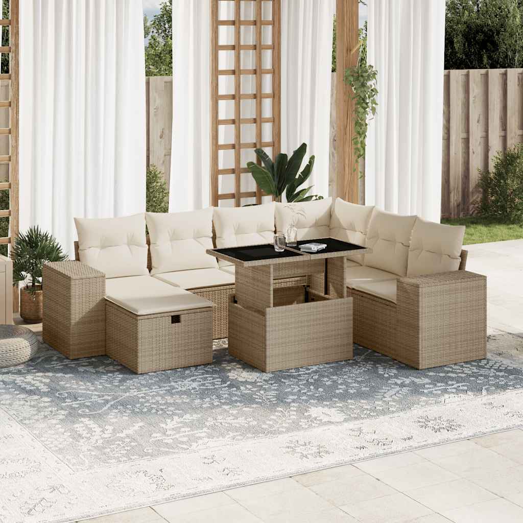 Garden Sofa Set Beige PE Rattan, Powder-coated Steel, Tempered Glass