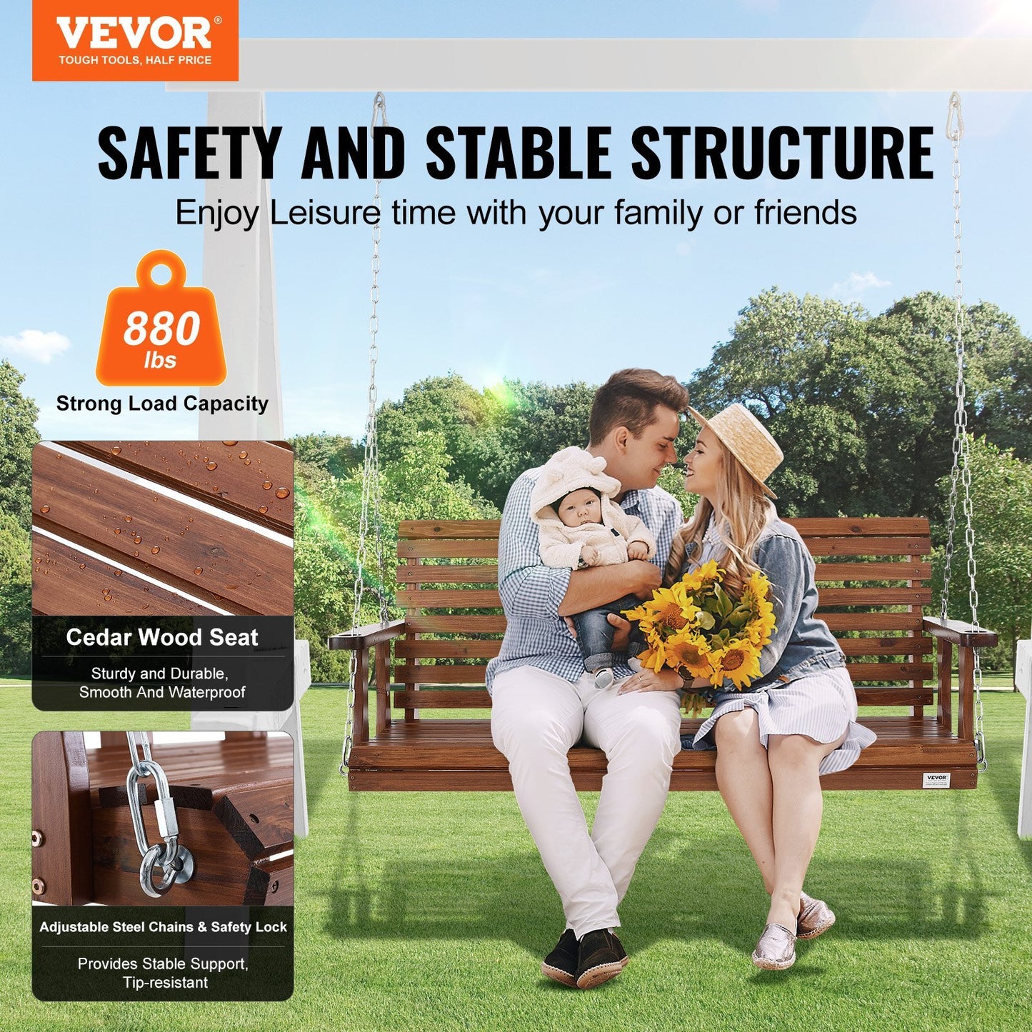 VEVOR Wooden Porch Swing 5 ft, Patio bench swing for Courtyard & Garden, Upgraded 880 lbs Strong Load Capacity, Heavy Duty Swing Chair Bench with Hanging Chains for Outdoors, Brown