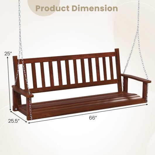 3-Person Wooden Outdoor Porch Swing with 800 lbs Weight Capacity-Brown