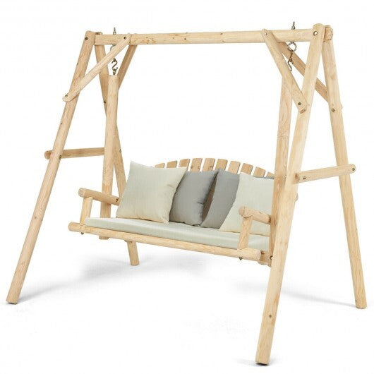 Outdoor Wooden Porch Bench Swing Chair with Rustic Curved Back