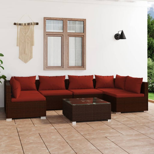 7 Piece Patio Lounge Set with Cushions Poly Rattan Brown
