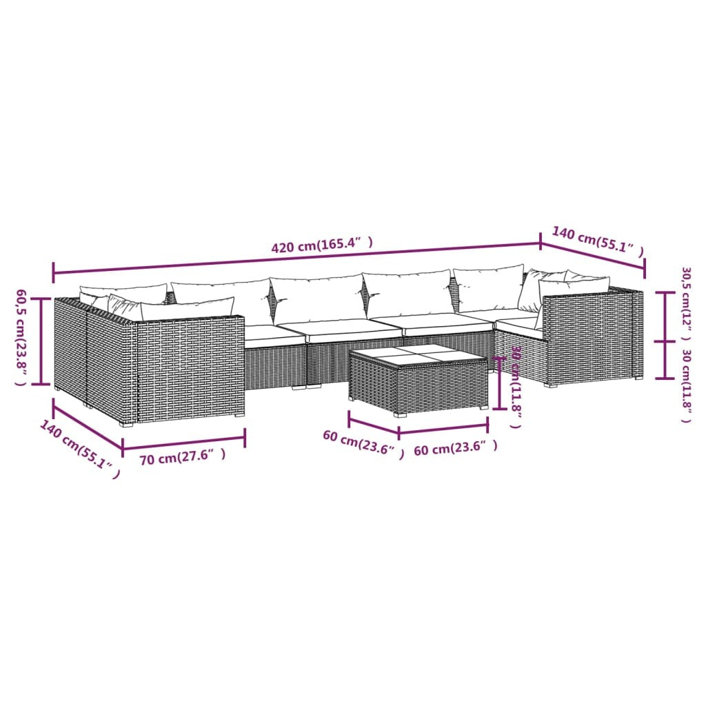Garden Lounge Set Grey PE rattan, powder-coated steel, plastic, glass