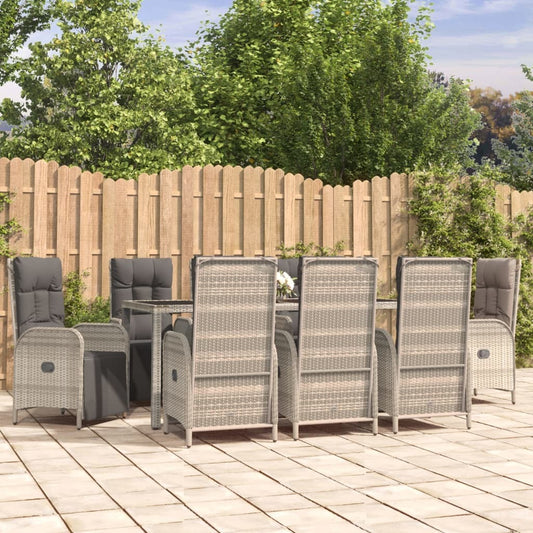 Garden Dining Set Gray PE Rattan, Powder-Coated Steel, Tempered Glass