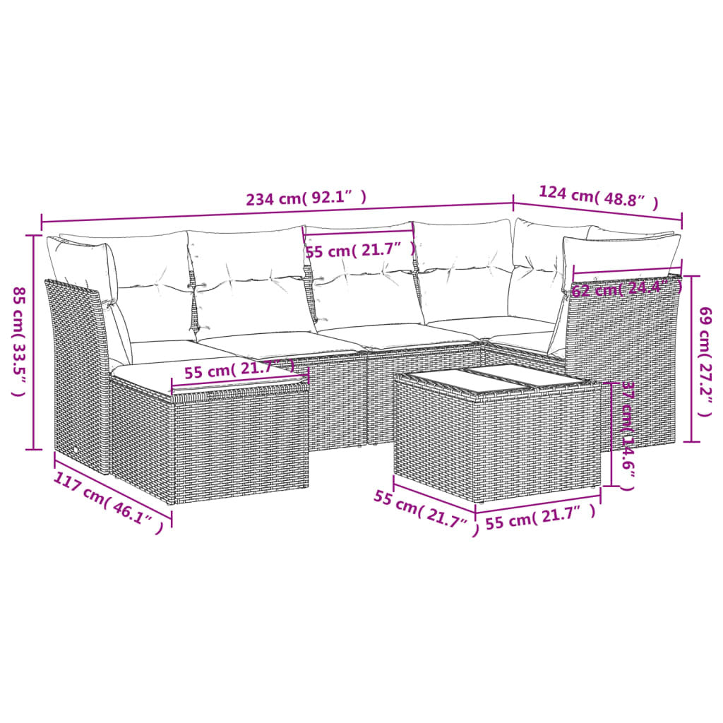 7 Piece Patio Sofa Set with Cushions Gray Poly Rattan