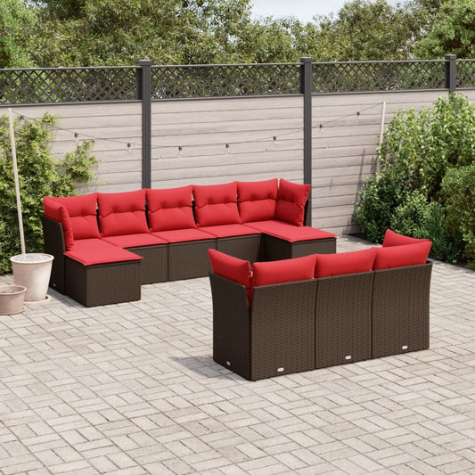 10 Piece Garden Sofa Set with Cushions Brown Poly Rattan