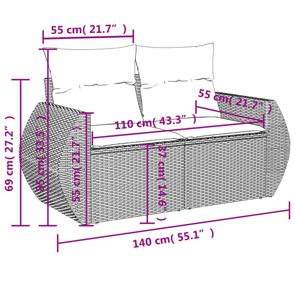 Garden Sofa Set Grey PE Rattan, Powder-Coated Steel Large Modular