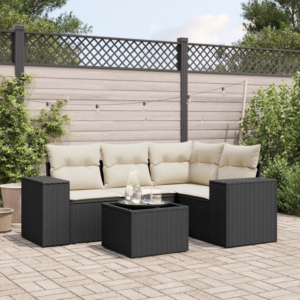 Garden Sofa Set Black and Cream White PE Rattan Standard Modular