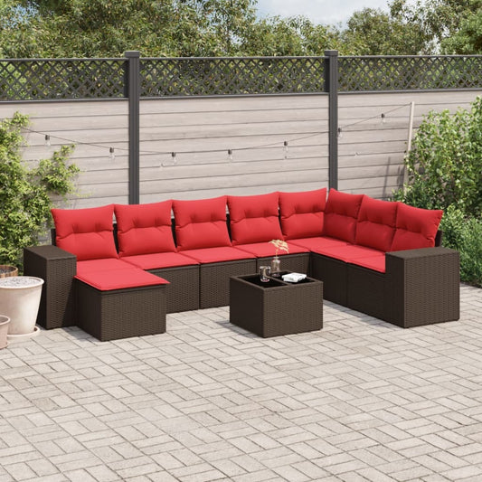 9 Piece Garden Sofa Set with Cushions Brown Poly Rattan