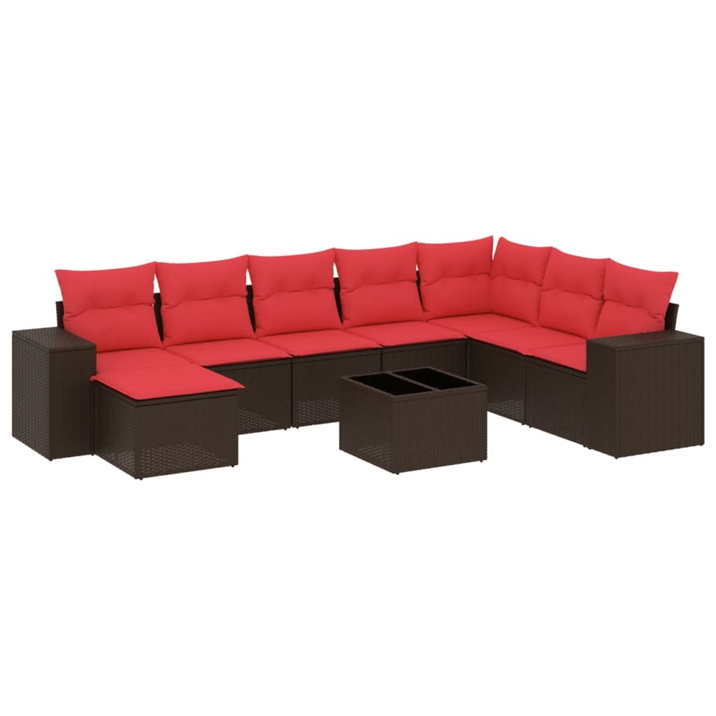 9 Piece Garden Sofa Set with Cushions Brown Poly Rattan