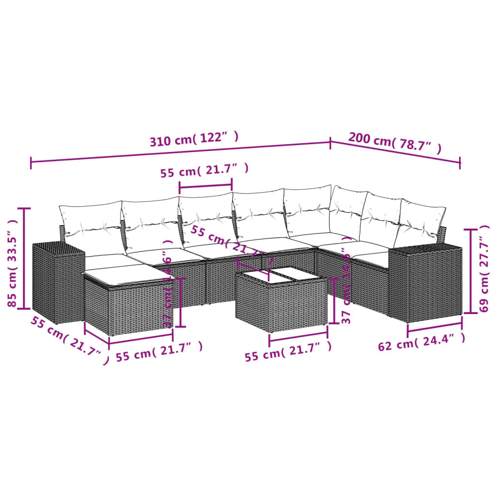 9 Piece Garden Sofa Set with Cushions Brown Poly Rattan