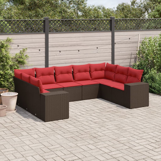 9 Piece Garden Sofa Set with Cushions Brown Poly Rattan