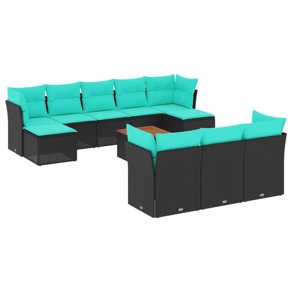 11 Piece Patio Sofa Set with Cushions Black Poly Rattan