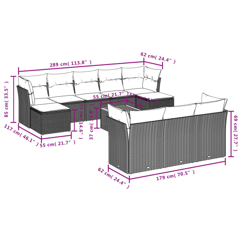 11 Piece Patio Sofa Set with Cushions Black Poly Rattan