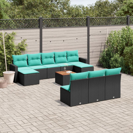 11 Piece Patio Sofa Set with Cushions Black Poly Rattan