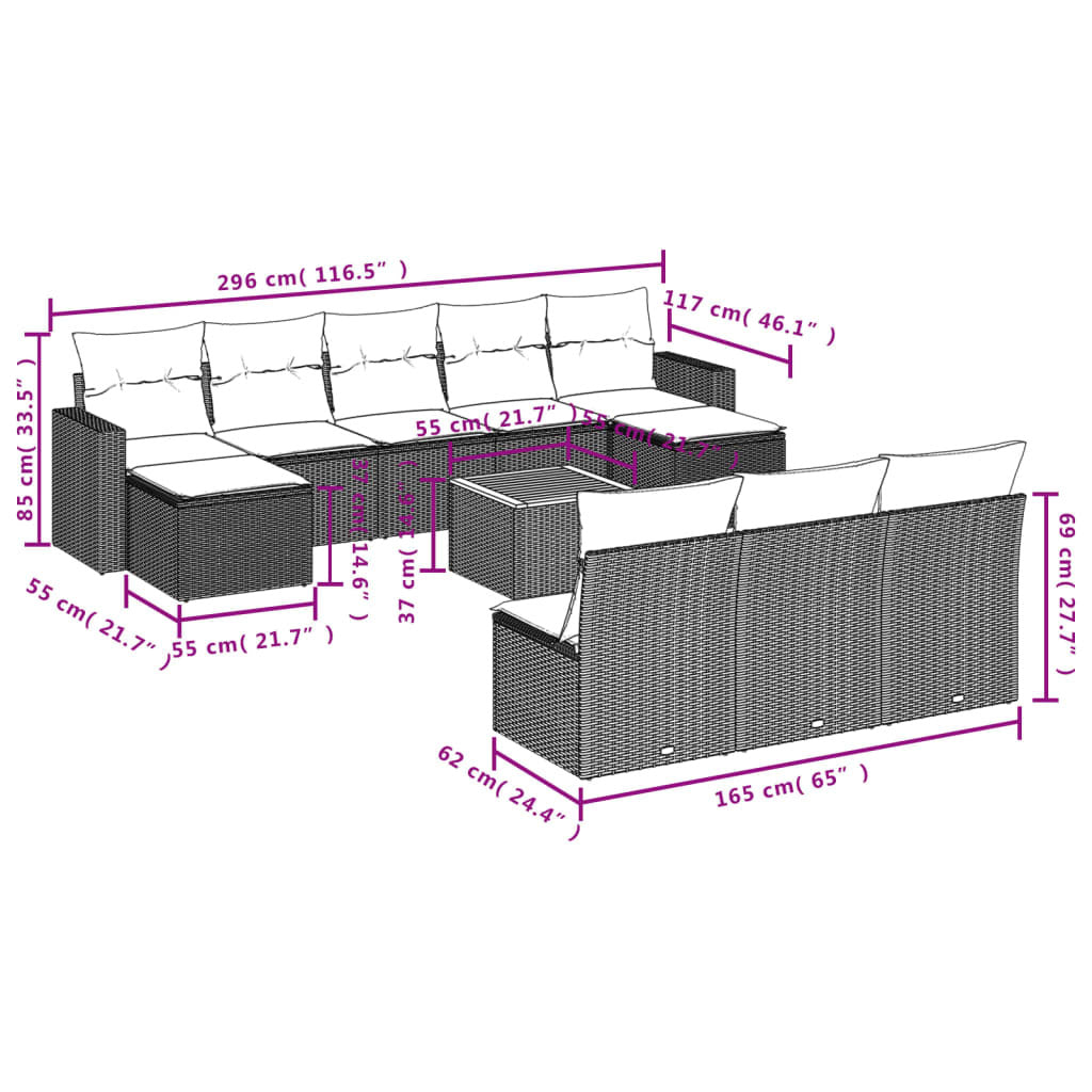 11 Piece Patio Sofa Set with Cushions Black Poly Rattan