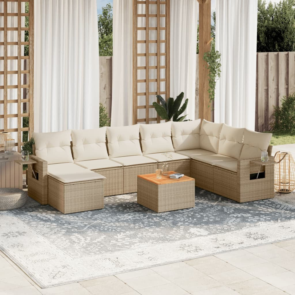 Garden Sofa Set Beige Poly Rattan, Powder-Coated Steel, Acacia Wood