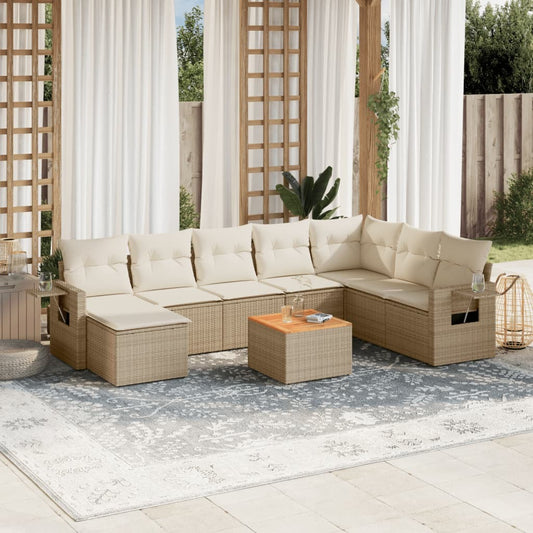 Garden Sofa Set Beige Poly Rattan, Powder-Coated Steel, Acacia Wood