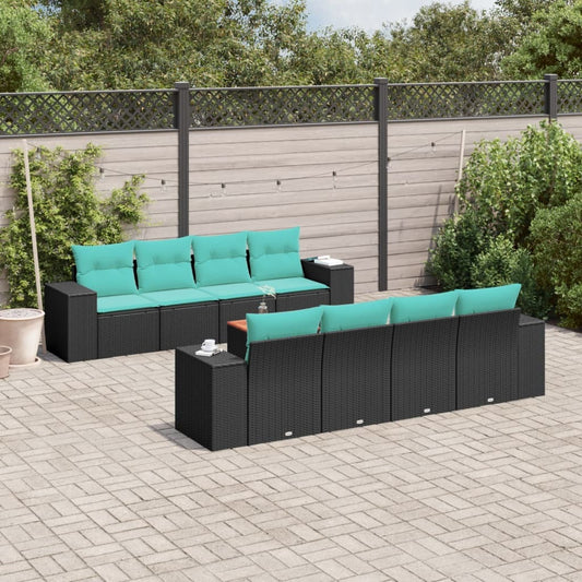 9 Piece Patio Sofa Set with Cushions Black Poly Rattan