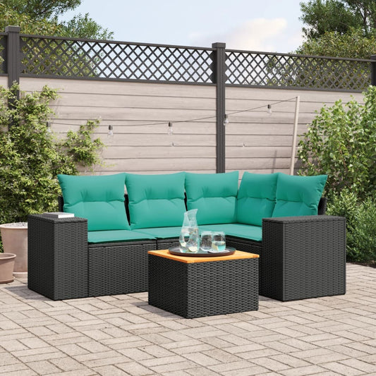 5 Piece Patio Sofa Set with Cushions Black Poly Rattan