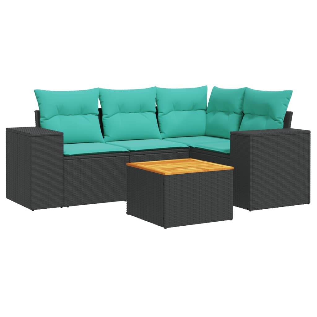 5 Piece Patio Sofa Set with Cushions Black Poly Rattan