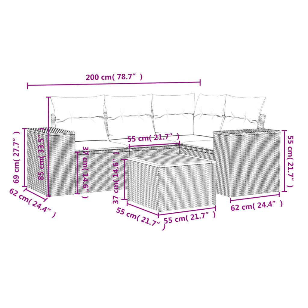 5 Piece Patio Sofa Set with Cushions Black Poly Rattan