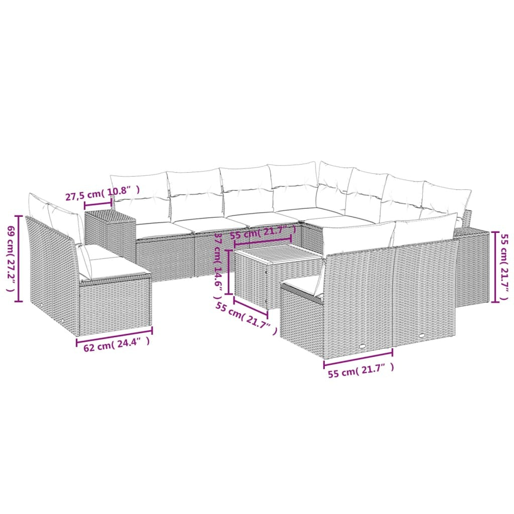 12 Piece Patio Sofa Set with Cushions Gray Poly Rattan