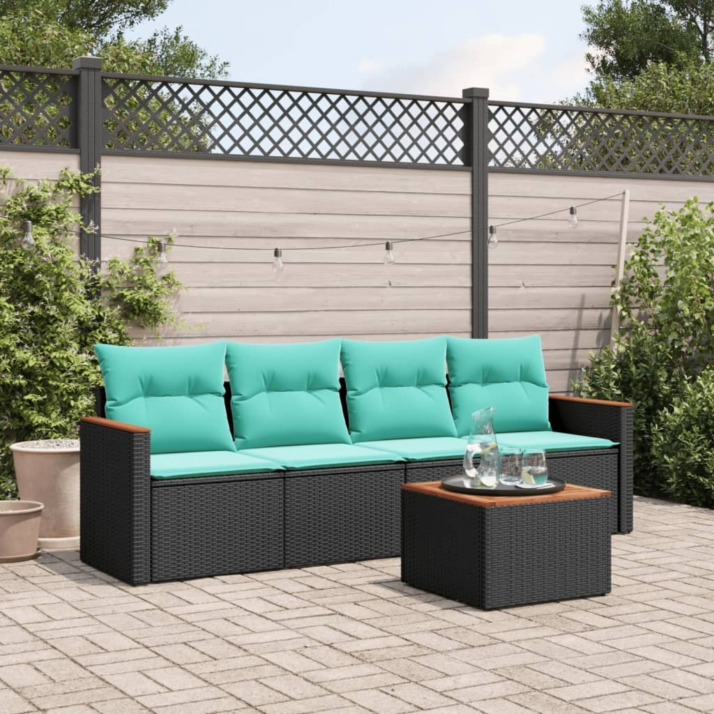 5 Piece Garden Sofa Set with Cushions Black Poly Rattan