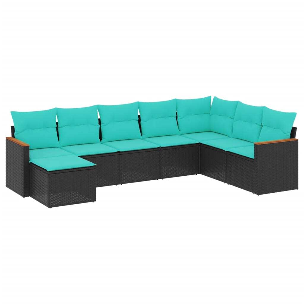 Patio Sofa Set Black, Blue Poly Rattan, Polyester, Steel 8 Piece