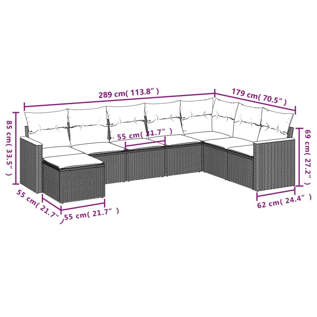 Patio Sofa Set Black, Blue Poly Rattan, Polyester, Steel 8 Piece