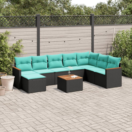 9 Piece Garden Sofa Set with Cushions Black Poly Rattan