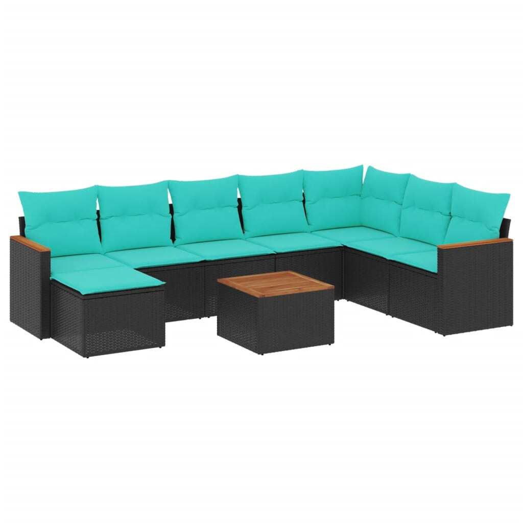 9 Piece Garden Sofa Set with Cushions Black Poly Rattan