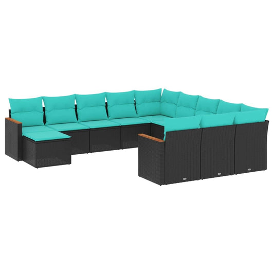 Patio Sofa Set Black Poly Rattan, Powder-Coated Steel, Polyester