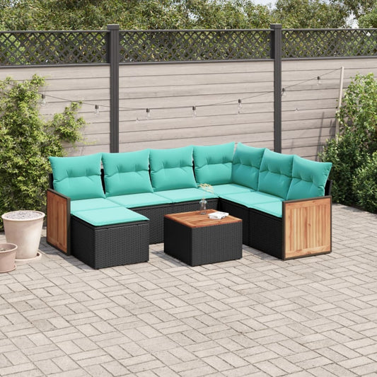 8 Piece Garden Sofa Set with Cushions Black Poly Rattan