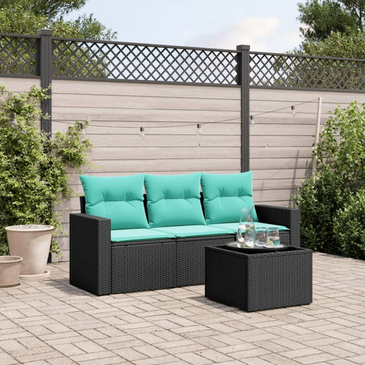 4 Piece Patio Sofa Set with Cushions Black Poly Rattan