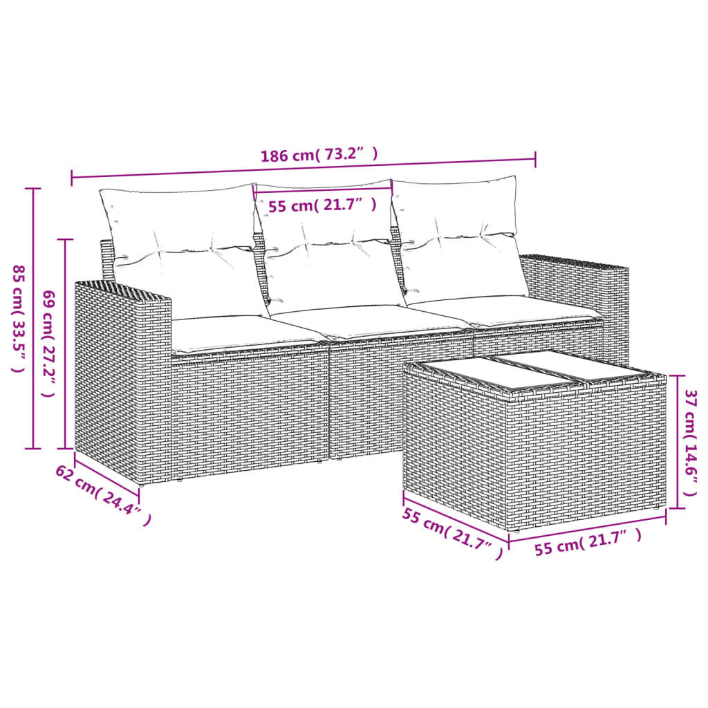 4 Piece Patio Sofa Set with Cushions Black Poly Rattan