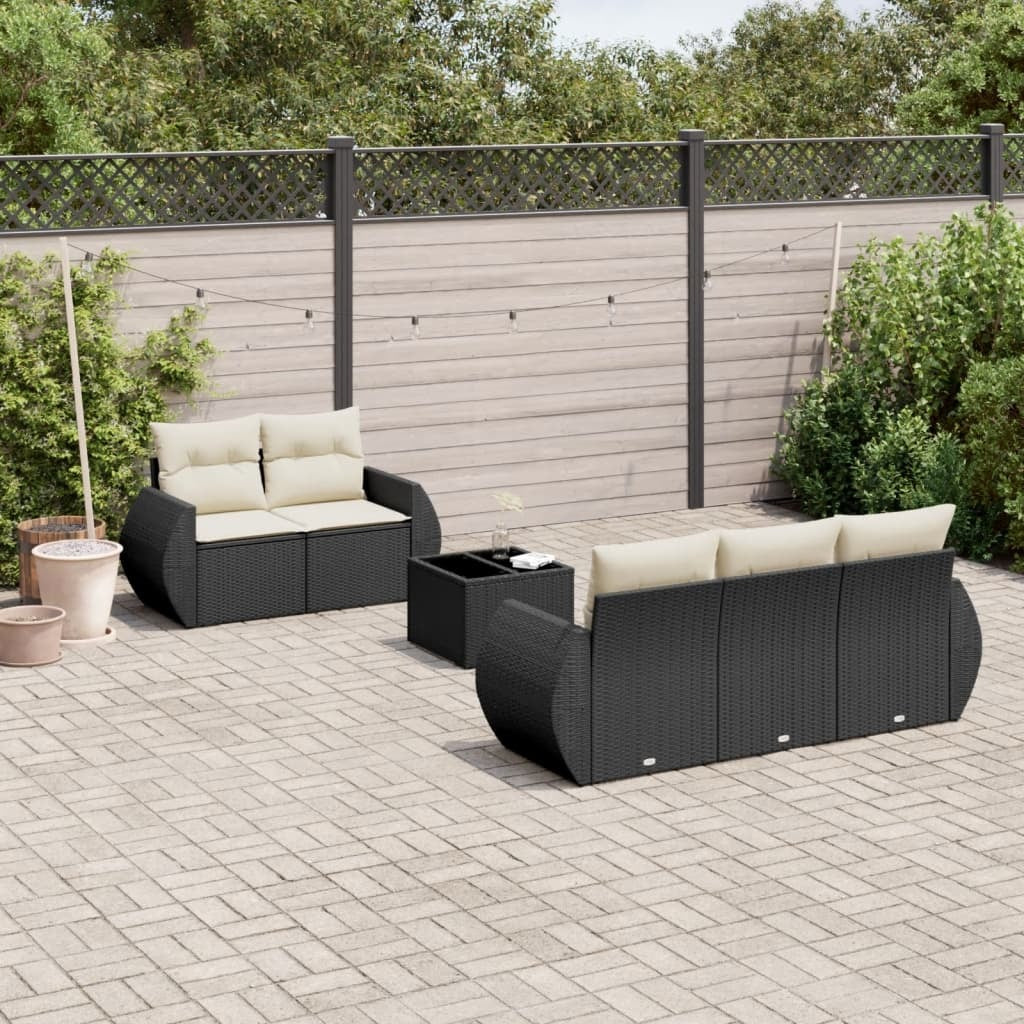 Garden Sofa Set Black PE rattan, powder-coated steel, tempered glass