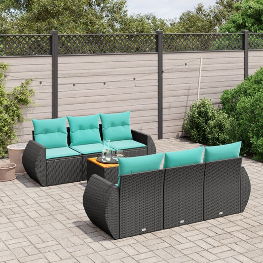 7 Piece Patio Sofa Set with Cushions Black Poly Rattan