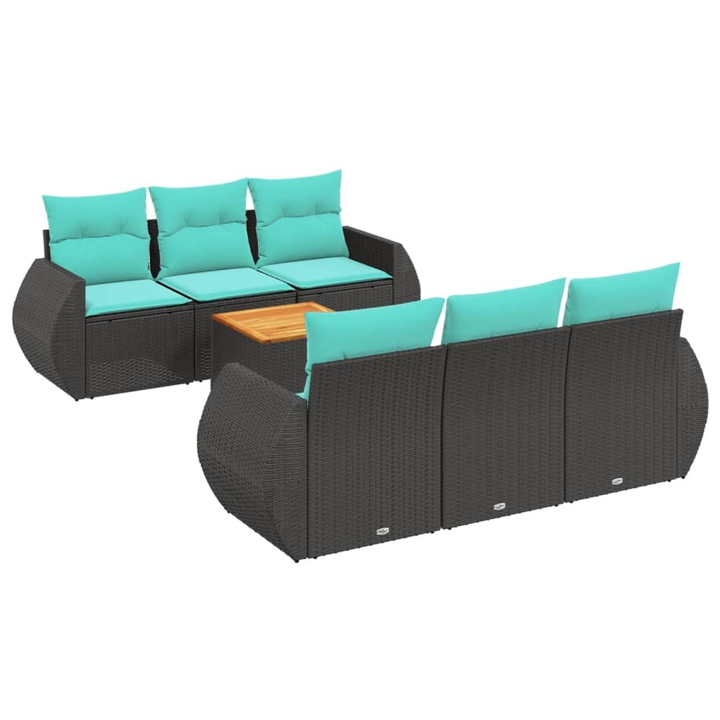 7 Piece Patio Sofa Set with Cushions Black Poly Rattan