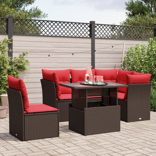 6 Piece Garden Sofa Set with Cushions Brown Poly Rattan