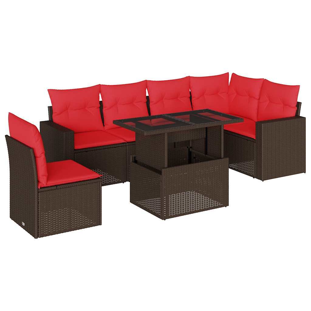 7 Piece Garden Sofa Set with Cushions Brown Poly Rattan