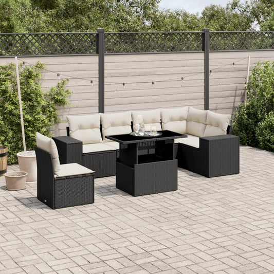 Garden Sofa Set Black PE rattan, powder-coated steel, tempered glass