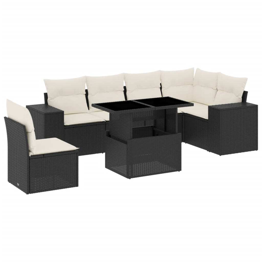Garden Sofa Set Black PE rattan, powder-coated steel, tempered glass