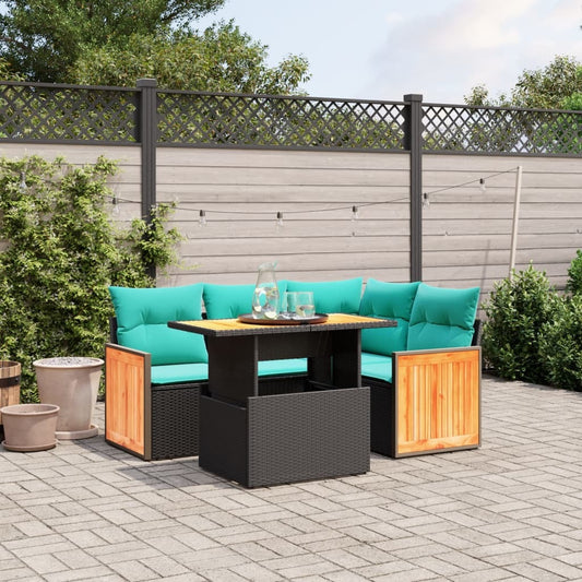5 Piece Patio Sofa Set with Cushions Black Poly Rattan